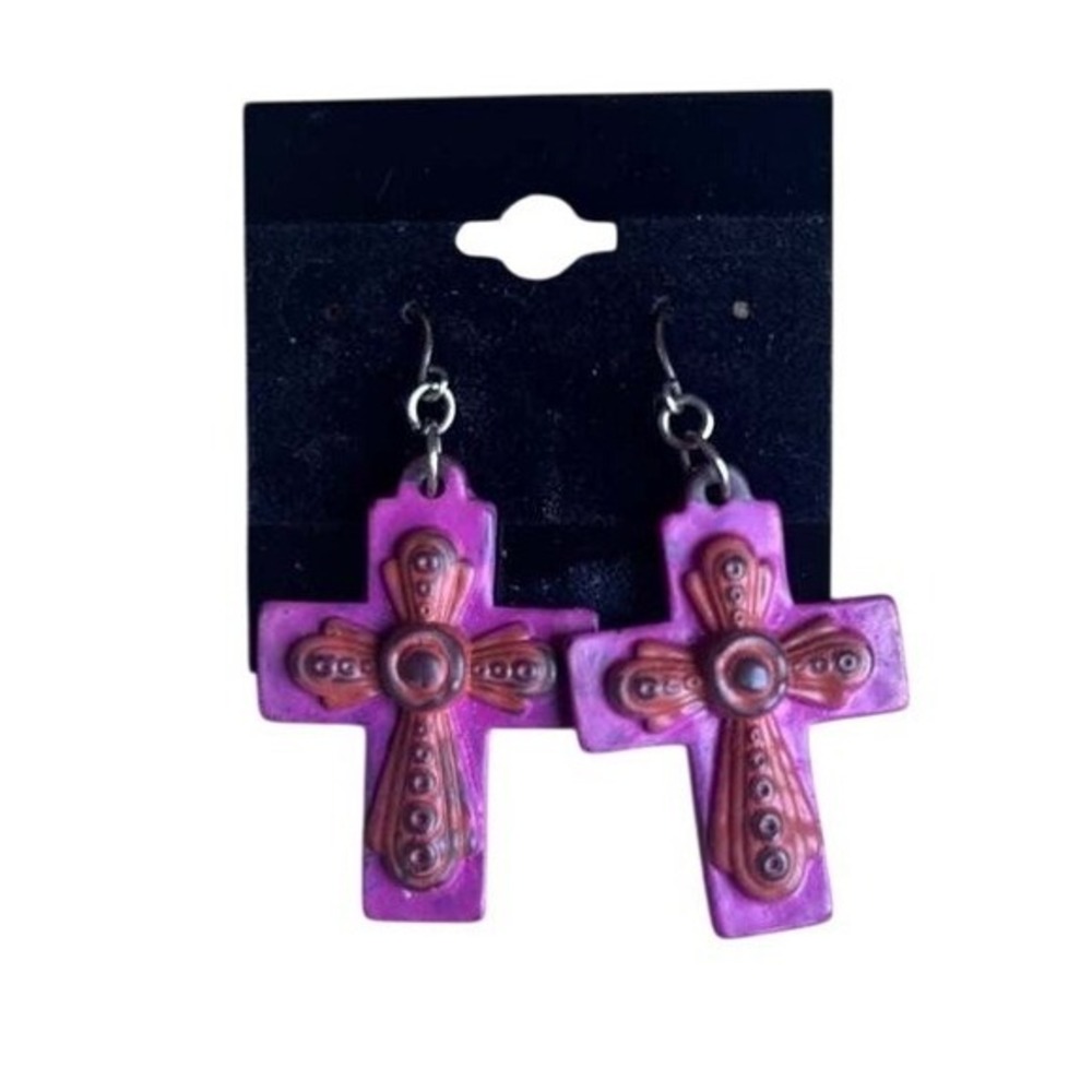 Bohemian Style Purple and Brown Ornate Cross Dangle Earrings GOOD CONDITION
